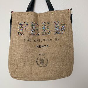 Feed The Children Of The World Burlap Beaded Crossbody Bag